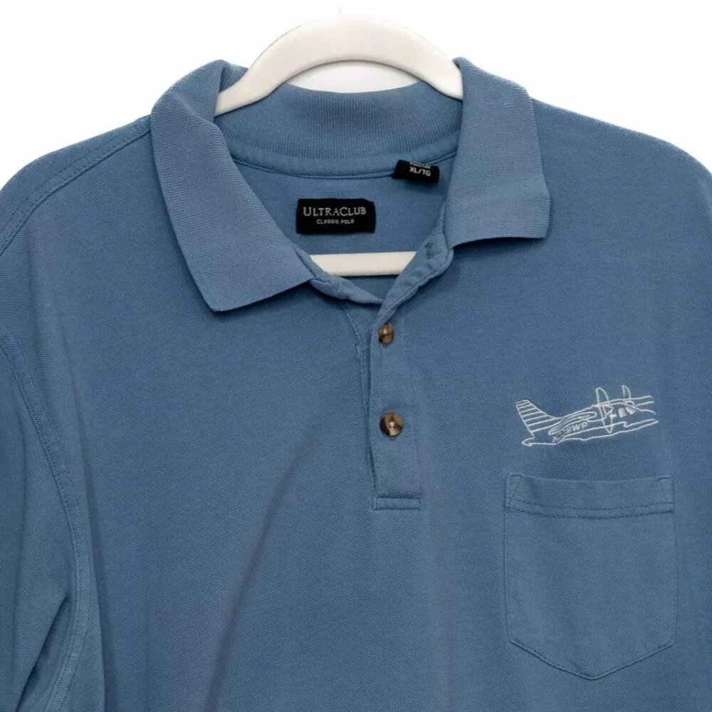 UltraClub Mens Blue Polo Shirt Logo Collar Pocket Casual Buttons Short Sleeve XL